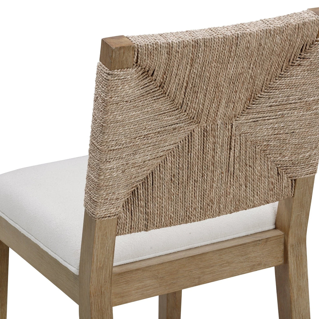 Tabouret de bar Beacon Bohemian Boucle, Chaise de comptoir rembourrée avec structure en bois massif et dossier en jonc de mer tressé