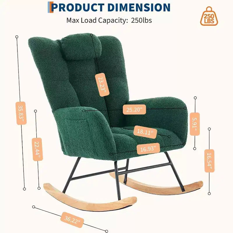 Fauteuil à bascule Teddy avec oreiller et dossier haut, fauteuil d'appoint rembourré en tissu pour chambre d'enfant, salon, chambre à coucher