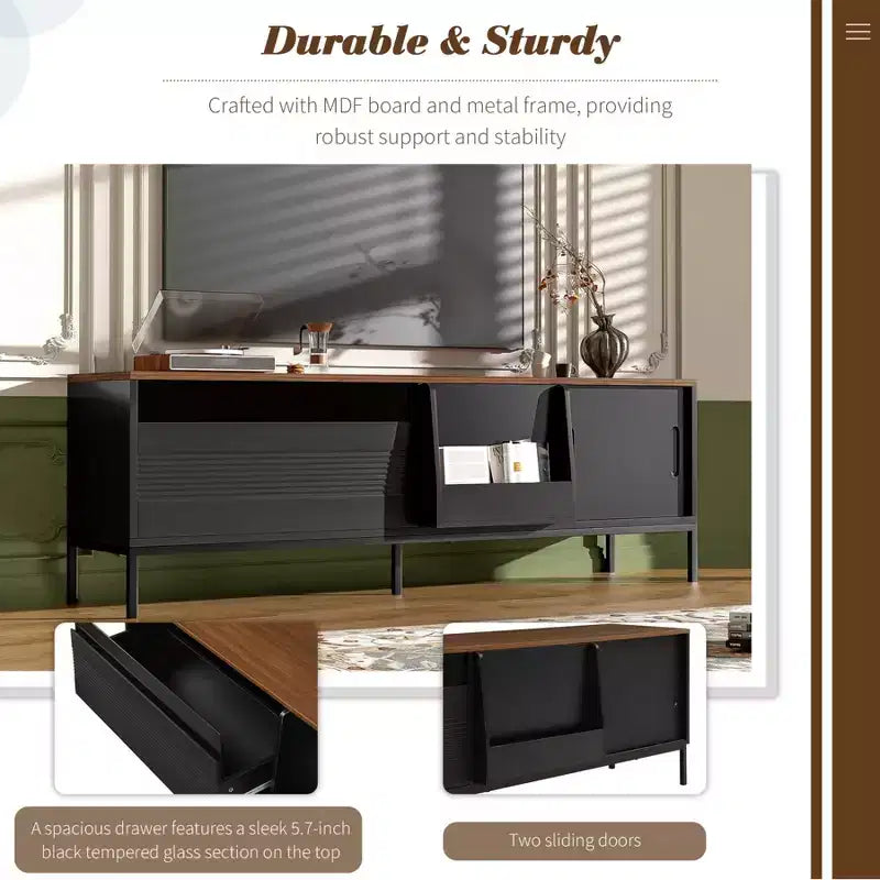 Meuble TV moderne pour téléviseurs jusqu'à 75 pouces, meuble de divertissement en bois de 180 cm avec rangement et porte coulissante, table console multimédia pour salon et chambre