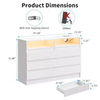 Commode 6 tiroirs, commode LED blanche avec station de charge, fixations murales incluses, bande lumineuse réglable 6 couleurs, convient pour chambre à coucher, salon
