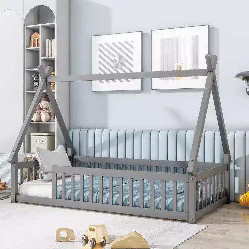 Okak Lit au sol simple/double avec toit amovible en forme de tente et rails de sécurité à 360° pour les tout-petits de 2 à 6 ans, lit pour enfants facile à monter, chambre d'enfant