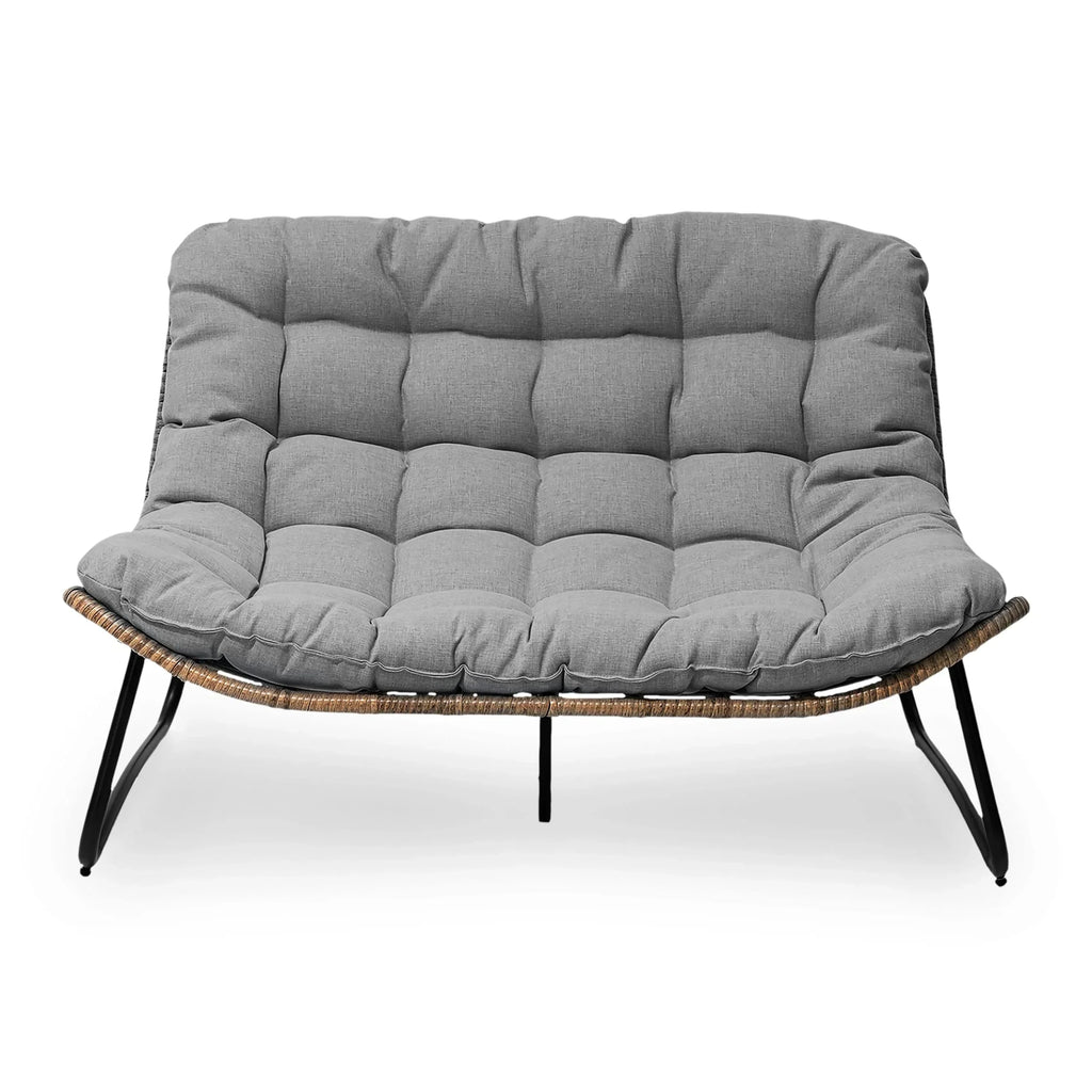 Causeuse double Papasan avec coussin, rotin PE tout temps et cadre en métal pour l'intérieur et l'extérieur