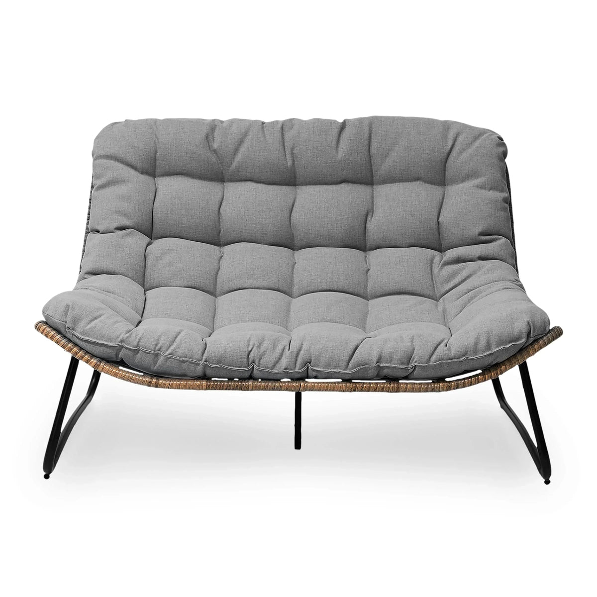 Causeuse double Papasan avec coussin, rotin PE tout temps et cadre en métal pour l'intérieur et l'extérieur