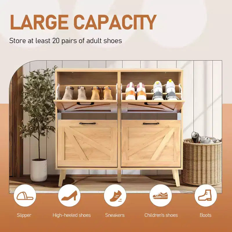 Karl Home Armoire à chaussures 4 portes réversibles noires en aggloméré gaufré avec pieds naturels 105,9 cm Bois naturel