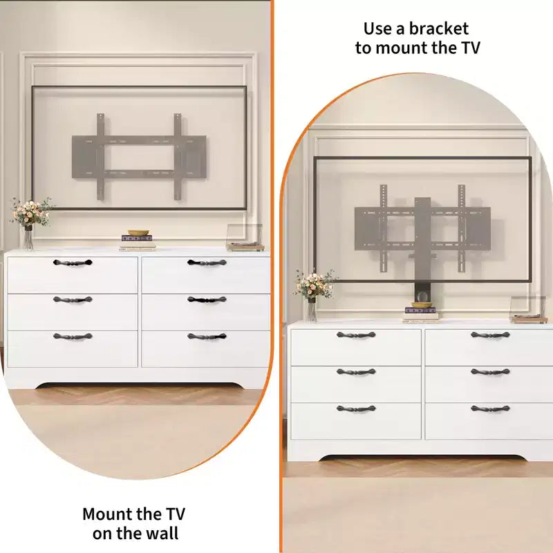 Meuble TV moderne de 63 pouces avec support pour téléviseur de 75 pouces, console multimédia à hauteur réglable avec 6 tiroirs, centre de divertissement robuste en MDF pour salon, chambre à coucher