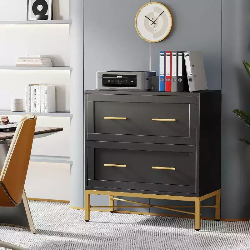 Meuble de classement à 2 tiroirs Lantine, armoire de classement latérale moderne en bois pour documents de format lettre/légal/A4 avec support d'imprimante pour bureau à domicile, noir et or