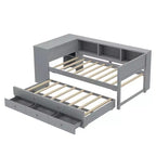 Lit de repos jumeau/double avec lit gigogne, cadre de lit en bois avec bureau, tiroirs de rangement et étagères, pas besoin de sommier tapissier - ModernLuxe