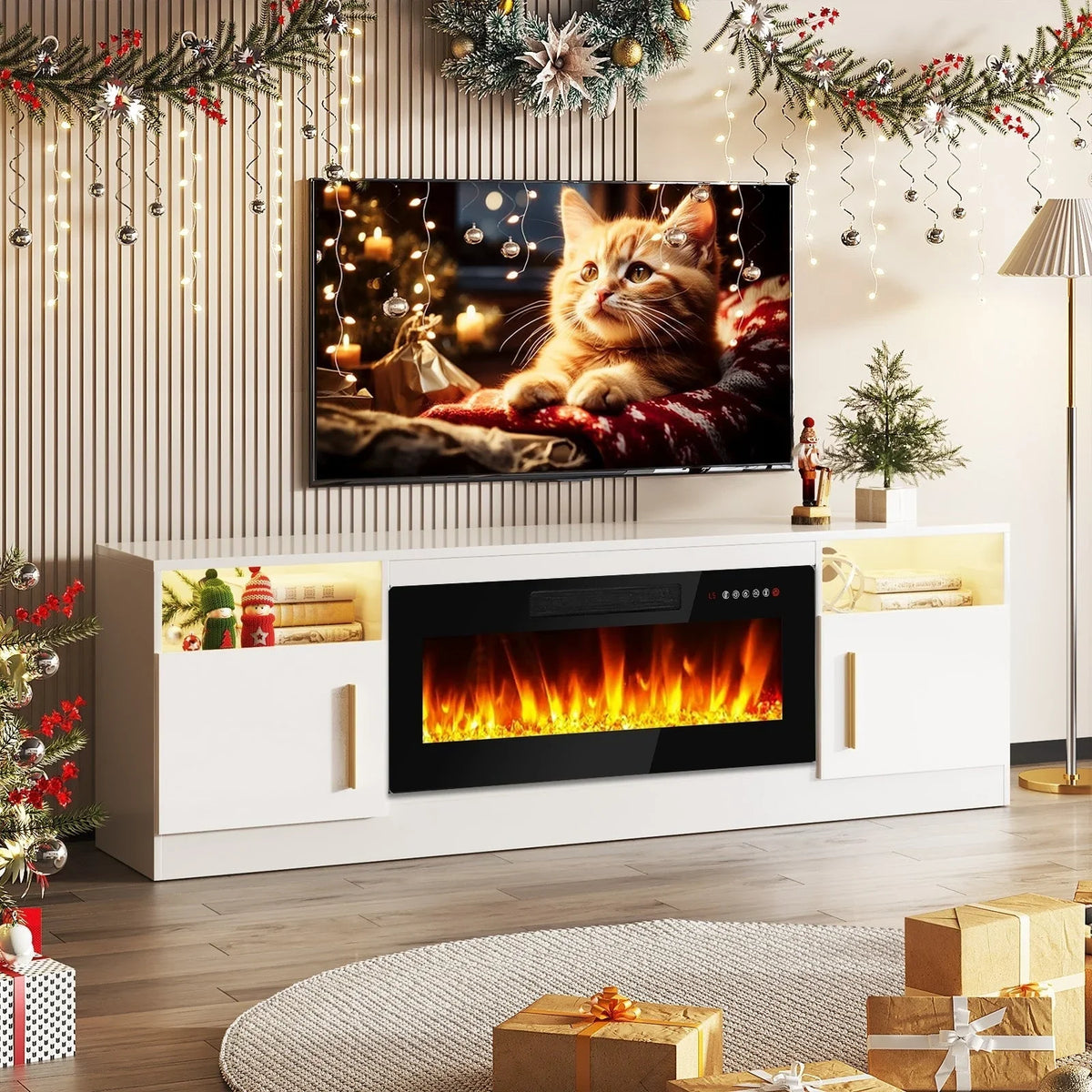 Meuble TV cheminée Bossin 70 avec cheminée électrique 36, meuble TV pour téléviseurs jusqu'à 80 pouces, lumières LED 16 couleurs/centre de divertissement