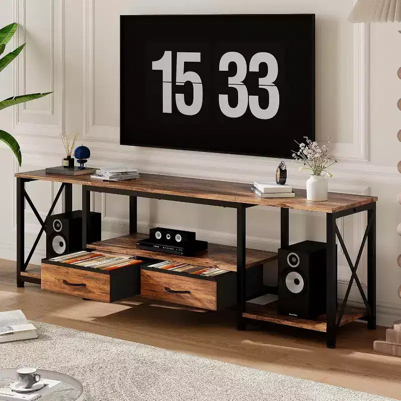 Meuble TV avec tiroirs en tissu et prises de courant, meuble TV avec étagères ouvertes pour téléviseurs de 75/70/65 pouces, convient pour le salon et la chambre à coucher