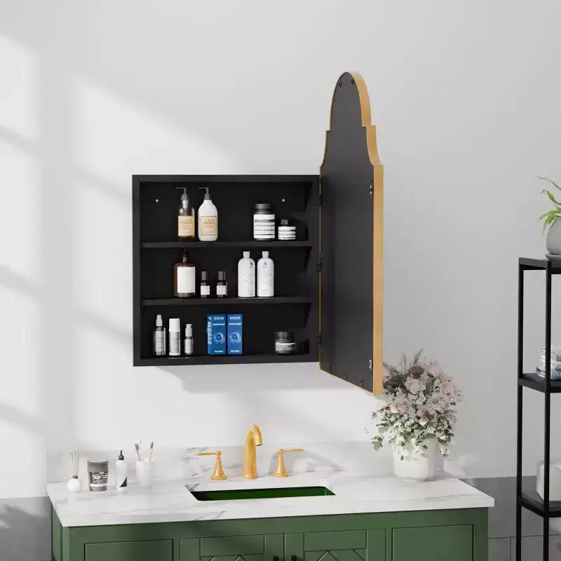 Armoire à pharmacie avec miroir, encadrement en fer forgé doré, 19,5 x 29,64 pouces, armoire murale pour salle de bain
