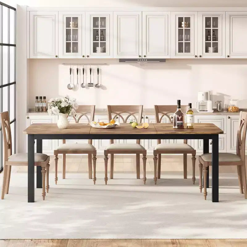 Table de salle à manger industrielle pour 6 à 8 personnes, table de cuisine en bois de 200 cm de long avec cadre en métal robuste et finition marron rustique - 6 places, comptoir rectangulaire
