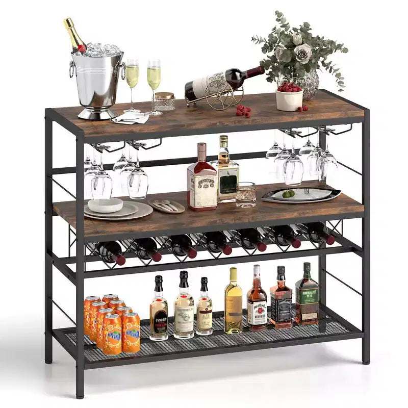 Casier à vin Costway 41 bouteilles avec 4 porte-verres, étagères de rangement larges sur le plan de travail, au milieu et en bas