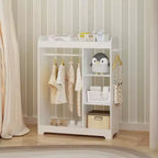 Commode pour enfants avec miroir et crochets, étagère en bois avec tringle à suspendre, 3 crochets latéraux, étagères, étagère supérieure, salle de jeux, chambre, chambre d'enfant, blanc
