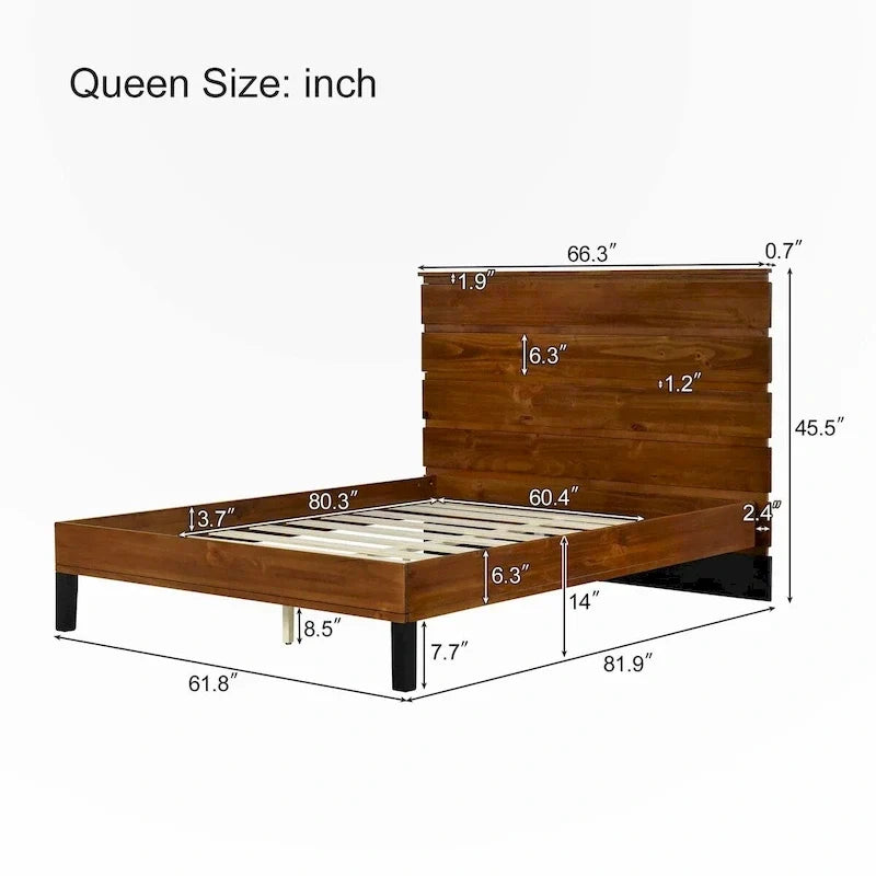 Lit plateforme queen en bois massif avec tête de lit en six pièces