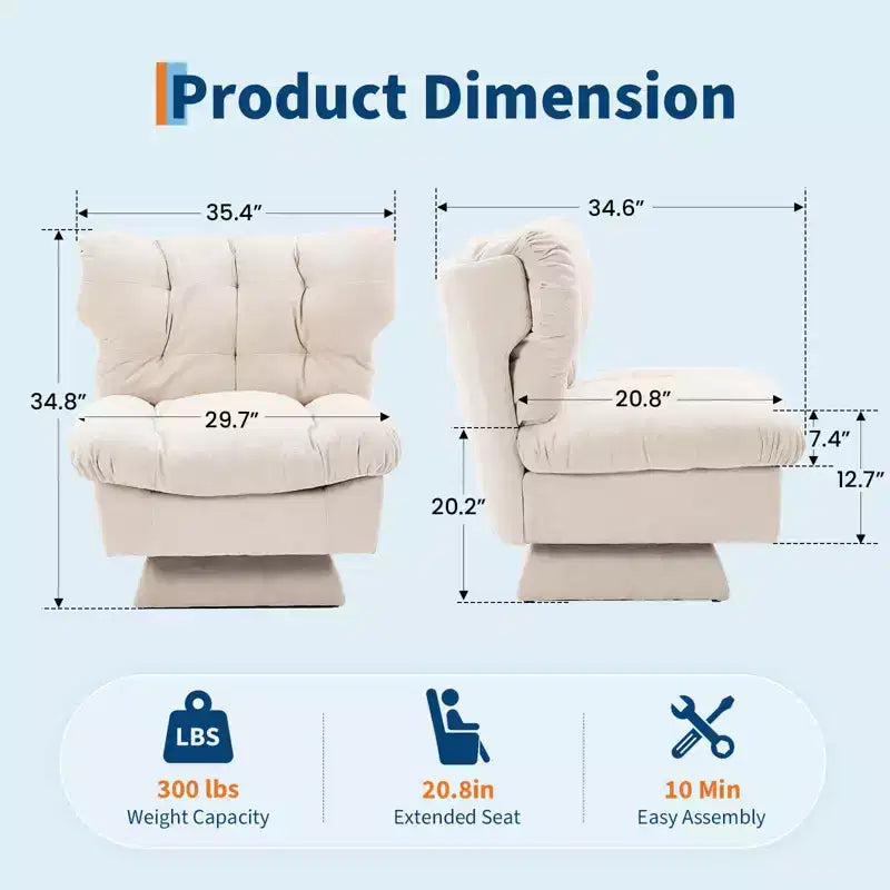 Fauteuil pivotant d'appoint moderne, fauteuil de salon 360°, coussin épais, rembourrage confortable, pour chambre, appartement, bureau