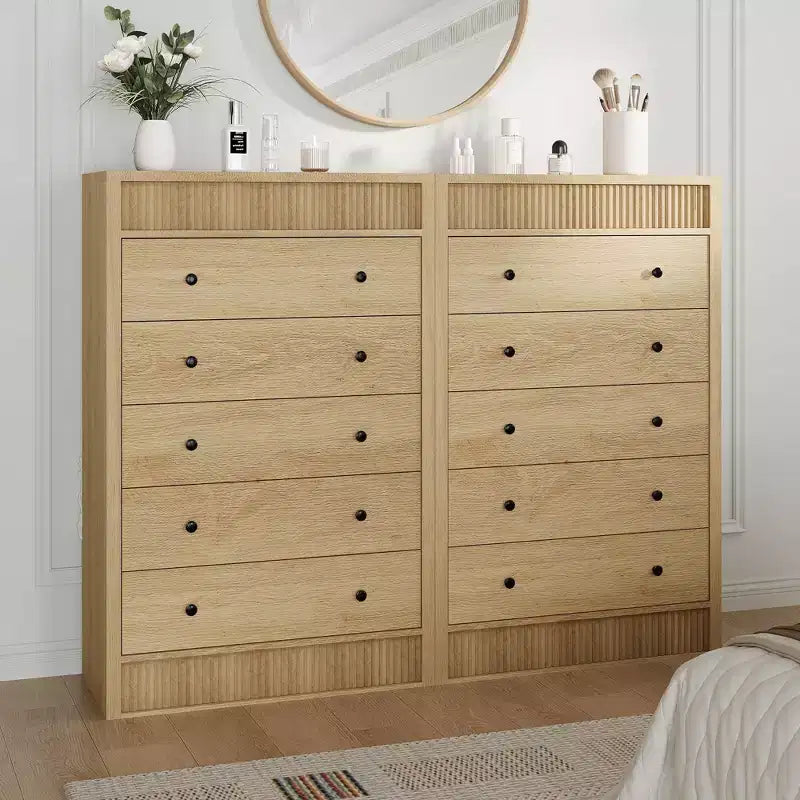 Coolmee Commode Haute 5 Tiroirs pour Chambre, Commode Cannelée de 80 cm de Large, Armoire de Rangement en Bois Moderne pour Chambre d'Enfant, Couloir, Salon