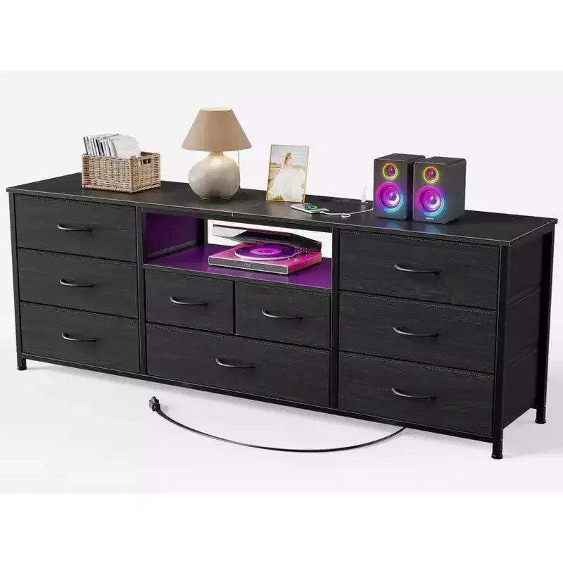 Commode large à 9 tiroirs pour chambre à coucher, coffre de rangement en tissu noir de 160 cm avec lumières LED et prises de courant, adapté pour téléviseur de 190 cm, meuble de rangement pour console média