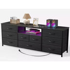 Commode large à 9 tiroirs pour chambre à coucher, coffre de rangement en tissu noir de 160 cm avec lumières LED et prises de courant, adapté pour téléviseur de 190 cm, meuble de rangement pour console média