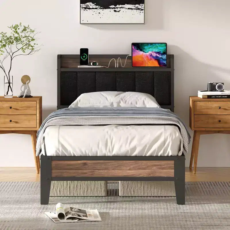 Lusimo Cadre de lit Twin XL, Lit plateforme rembourré avec tête de lit de rangement et station de charge