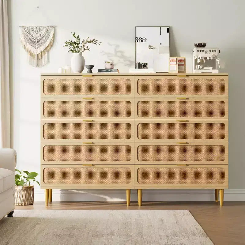 Commode à 5 tiroirs en rotin GustoWave pour chambre à coucher, commode haute avec tiroirs profonds, grande commode pour placard avec plateau large, longue commode en bois
