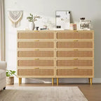 Commode à 5 tiroirs en rotin GustoWave pour chambre à coucher, commode haute avec tiroirs profonds, grande commode pour placard avec plateau large, longue commode en bois