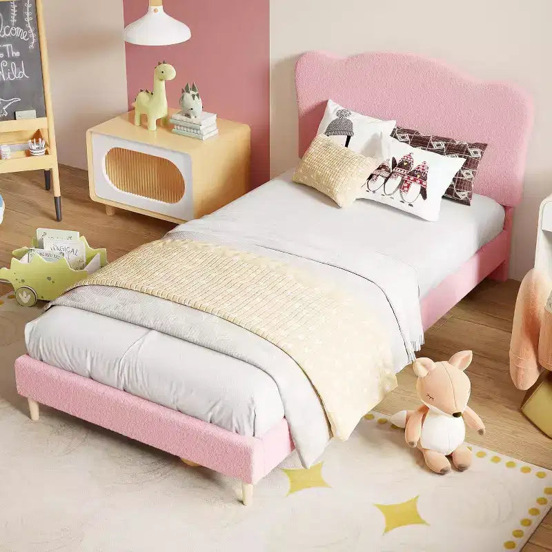 Lit plateforme capitonné jumeau GustoWave avec tête de lit coquillage pour enfants - Rose, pas besoin de sommier tapissier