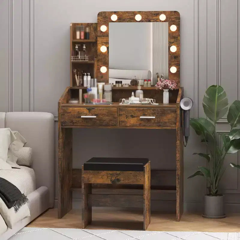 Coiffeuse de Maquillage avec Lumières, Bureau de Maquillage avec Miroir et Lumières, Grand Tiroir et Armoire de Rangement à Deux Étages, 3 Modes d'Éclairage