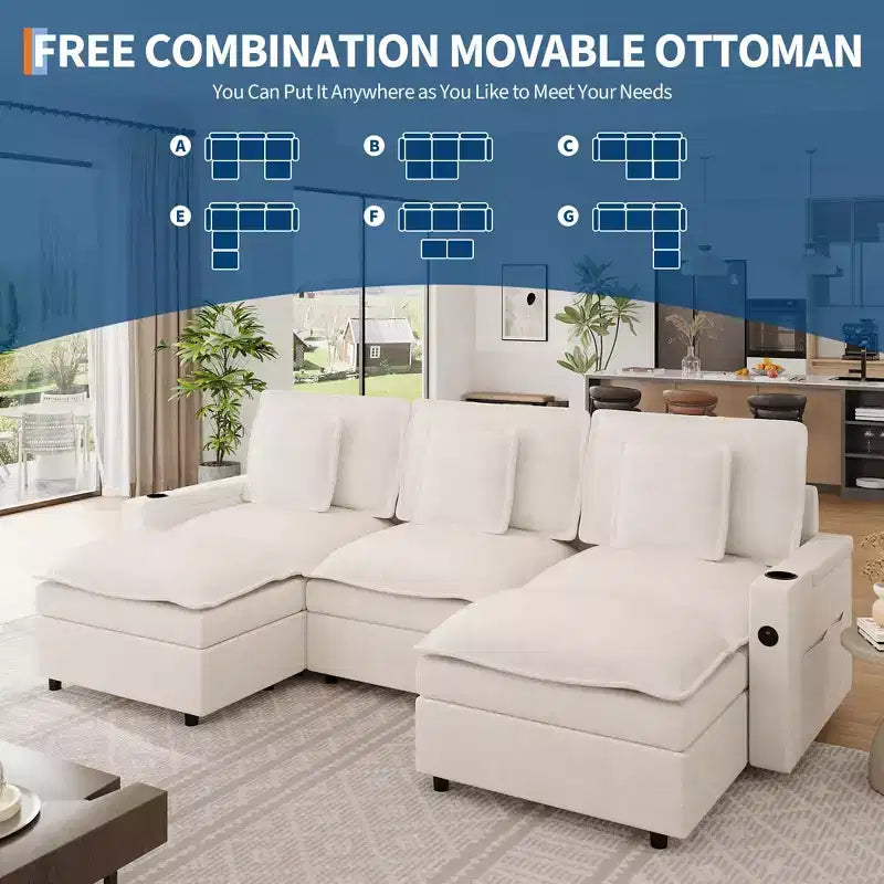 Canapé modulable de 274 cm, canapé d'angle en U surdimensionné, canapé moderne en chenille avec assise extra profonde, canapé convertible 6 places, beige