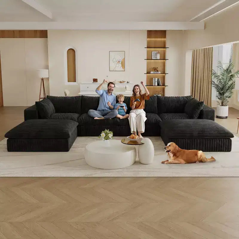 Canapé d'angle modulable en velours côtelé blanc de 4 m avec 2 poufs, grand canapé profond, design double couche, coussin amovible, aucun assemblage requis.