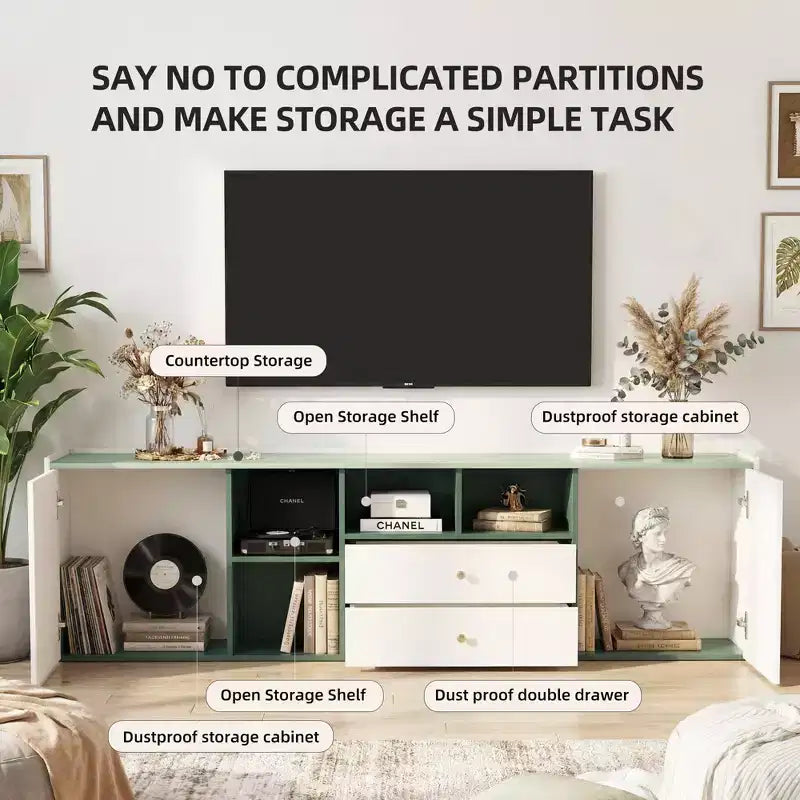 Meuble TV moderne Gaoyangjiaju 78,7 pouces, bloc de couleurs, pour téléviseur de 85 pouces, console média avec tiroirs et armoire de rangement pour salon, vert et blanc