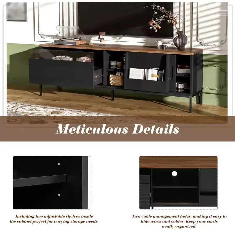 Meuble TV moderne pour téléviseurs jusqu'à 75 pouces, meuble de divertissement en bois de 180 cm avec rangement et porte coulissante, table console multimédia pour salon et chambre