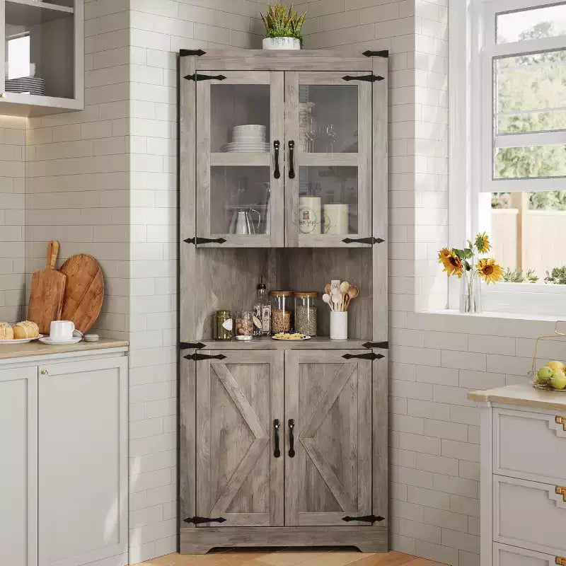Meuble d'angle de ferme Whizmax, Armoire de rangement d'angle haute avec porte vitrée et étagères réglables, Meuble de salle de bain pour salon, salle de bain