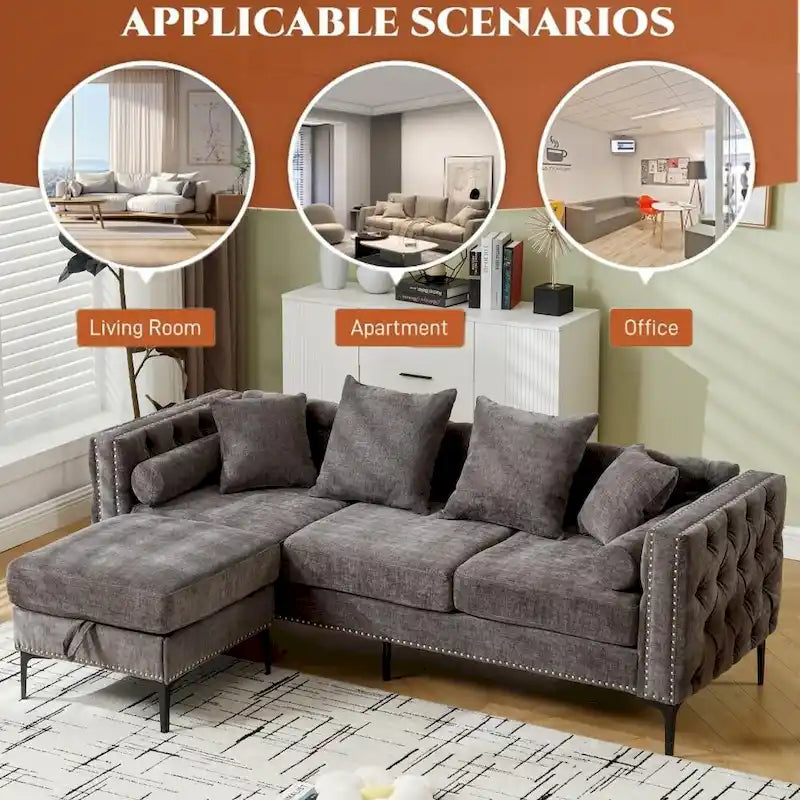 Canapé sectionnel convertible moderne en forme de L en chenille capitonnée