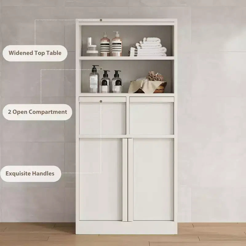 Meuble de Rangement Salle de Bain Haut de 129 cm, Meuble Bas Autonome avec 2 Tiroirs, Meuble de Rangement pour Salon Cuisine Salle de Bain