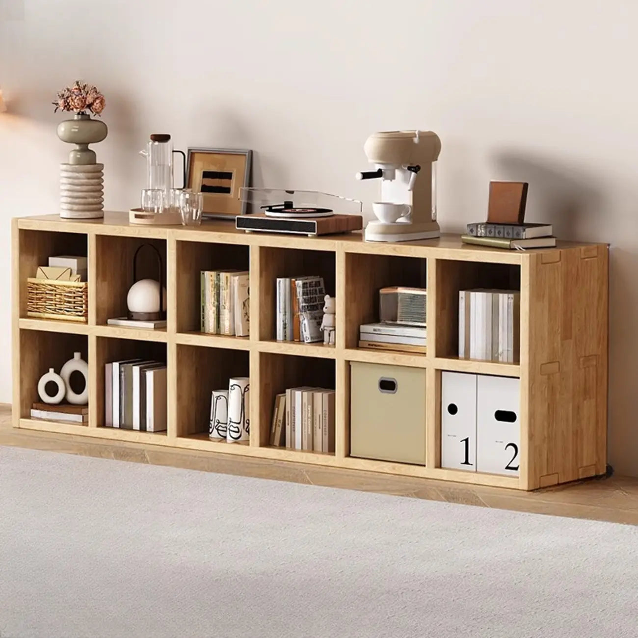 Bibliothèque moderne horizontale en bois à 8 cubes, finition naturelle