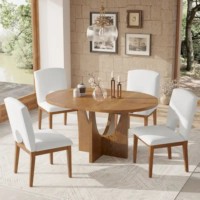 Ensemble de salle à manger moderne 5 pièces avec table ronde extensible à rallonge amovible et chaises de salle à manger rembourrées