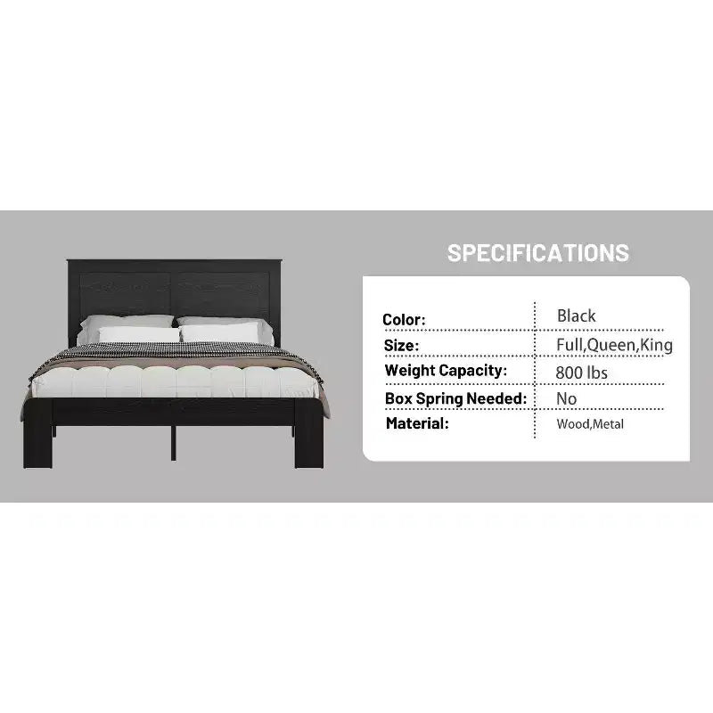 Cadre de lit en bois, taille double/grand lit/très grand lit, silencieux, pas besoin de sommier tapissier, outils de montage faciles, grand rangement sous le lit, noir foncé