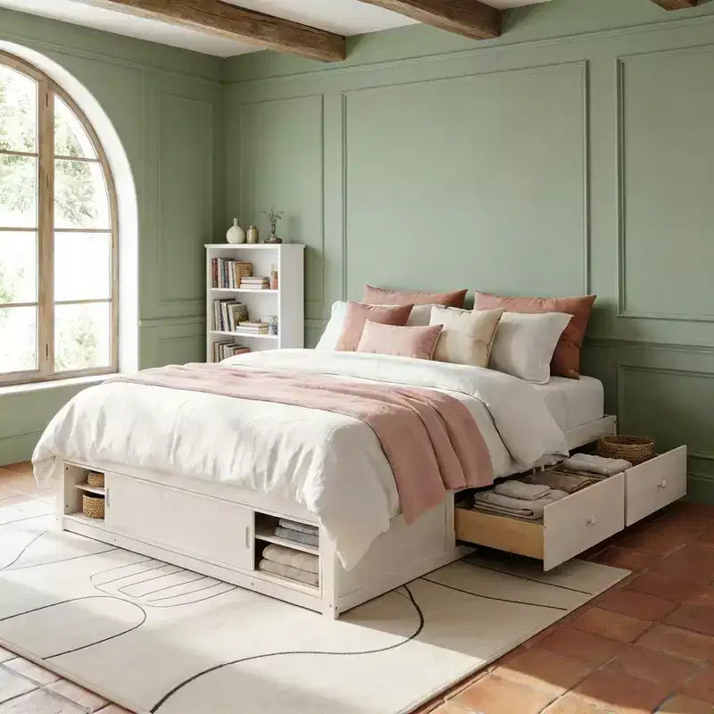 Luxystar Lit plateforme moderne Queen avec 4 tiroirs et rangement intégré au pied de lit