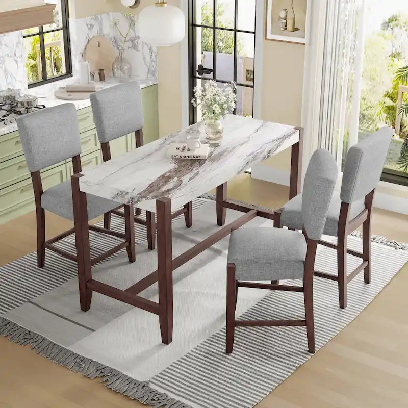 Ensemble de salle à manger 5 pièces à hauteur de comptoir, table de bar en faux marbre et 4 chaises rembourrées