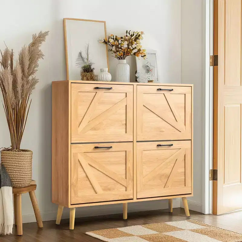 Karl Home Armoire à chaussures 4 portes réversibles noires en aggloméré gaufré avec pieds naturels 105,9 cm Bois naturel