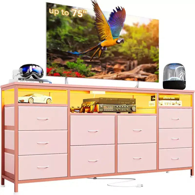Commode 63,3 pouces pour chambre à coucher, commode TV en tissu à 10 tiroirs avec lumières LED et prises de courant, long meuble TV pour placard