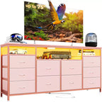 Commode 63,3 pouces pour chambre à coucher, commode TV en tissu à 10 tiroirs avec lumières LED et prises de courant, long meuble TV pour placard
