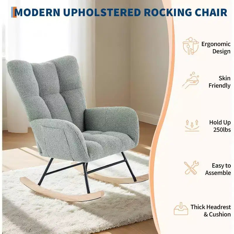 Fauteuil à bascule Teddy avec oreiller et dossier haut, fauteuil d'appoint rembourré en tissu pour chambre d'enfant, salon, chambre à coucher