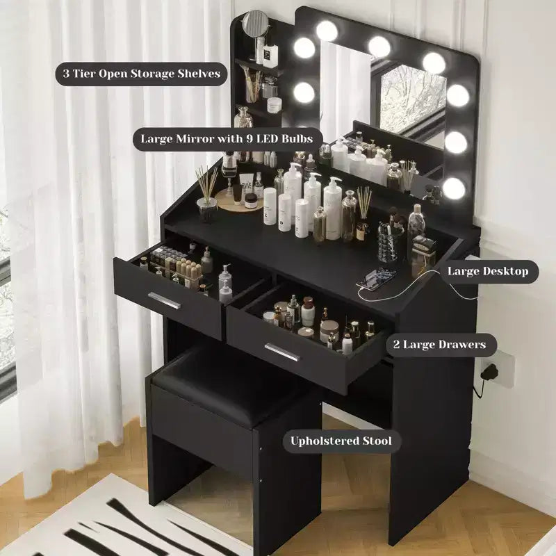 Coiffeuse de Maquillage avec Lumières, Bureau de Maquillage avec Miroir et Lumières, Grand Tiroir et Armoire de Rangement à Deux Étages, 3 Modes d'Éclairage