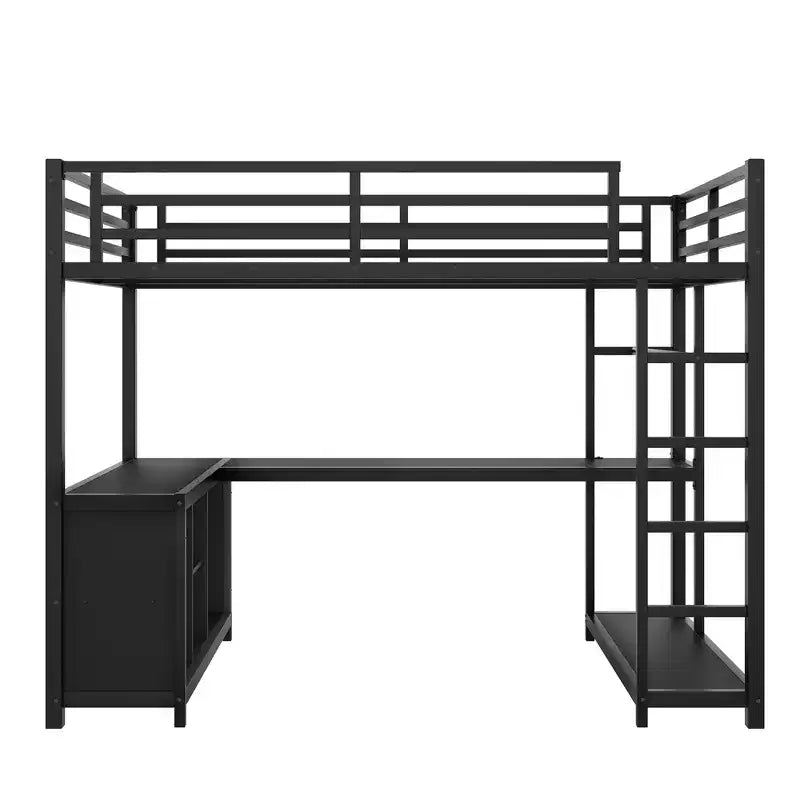 Lit mezzanine en métal Queen Bellemave avec bureau en L et armoire, lit mezzanine peu encombrant avec étagères de rangement et garde-corps, noir