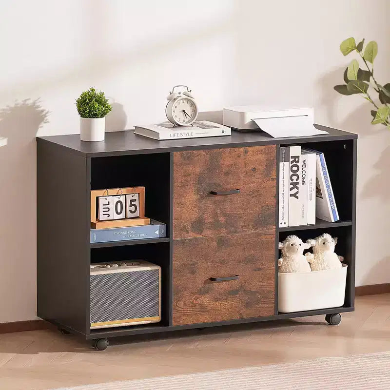 Meuble Classeur en Bois à 2 Tiroirs VEVOR, Classeur Mobile avec Étagères Ouvertes, Rangement de Dossiers Latéral à Roulettes, Noir