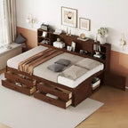 Lit capitaine/lit de repos pleine grandeur en bois avec étagères de rangement intégrées, 4 tiroirs et 2 armoires, marron antique -