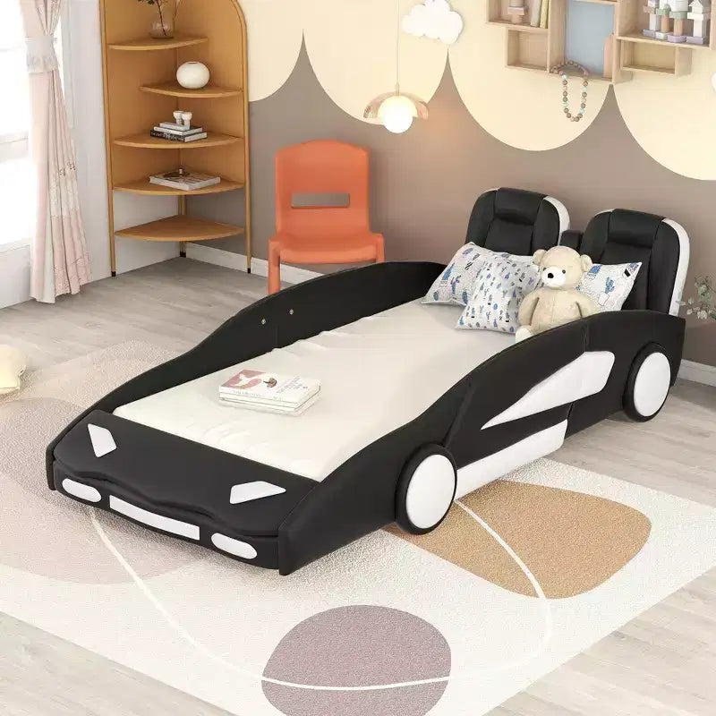 Lit Plateforme Jumeau Whisen au Design Cool en Forme de Voiture de Course avec Roues