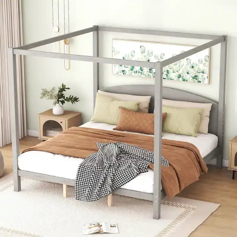 Lit plateforme à baldaquin King Size en pin avec tête de lit classique en bois, cadre de lit rembourré, aucun sommier tapissier requis, montage facile