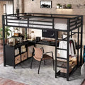 Lit mezzanine en métal Queen Bellemave avec bureau en L et armoire, lit mezzanine peu encombrant avec étagères de rangement et garde-corps, noir
